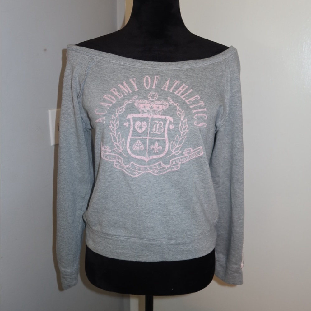 Gray Off-Shoulder Sweatshirt with Pink Graphic